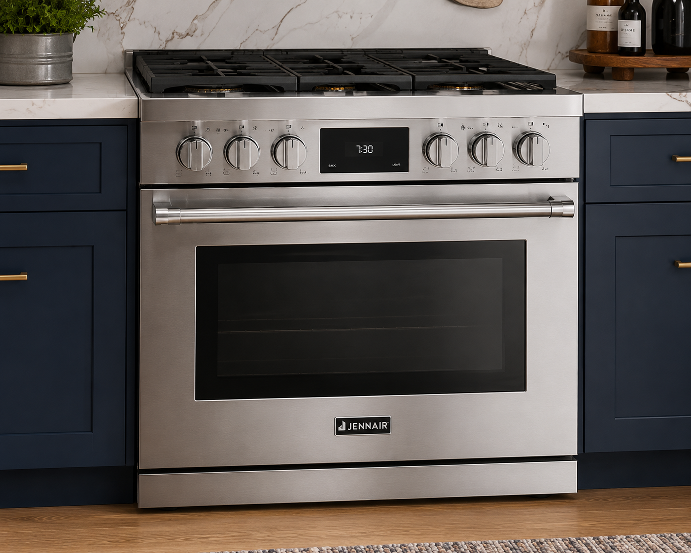 A modern stainless steel gas oven with a black digital display, positioned between blue kitchen cabinets with gold handles, on a wooden floor with a patterned rug in the foreground.