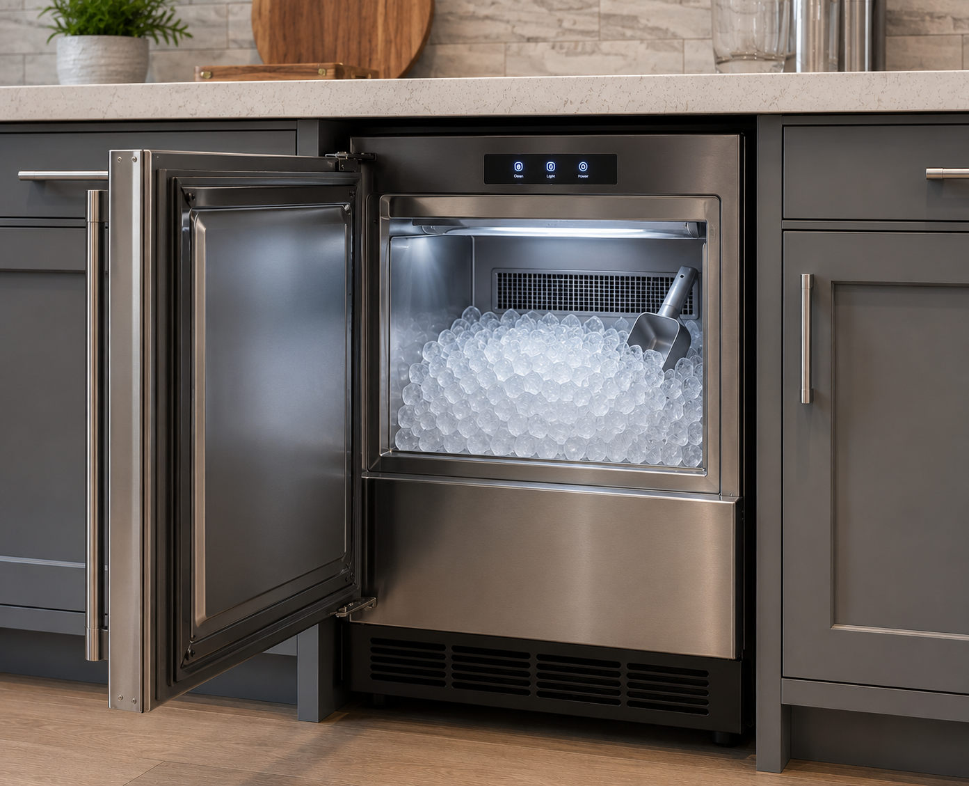 A modern kitchen ice maker with a door open, filled with ice cubes and a scoop inside, built into dark gray cabinet under a white countertop.