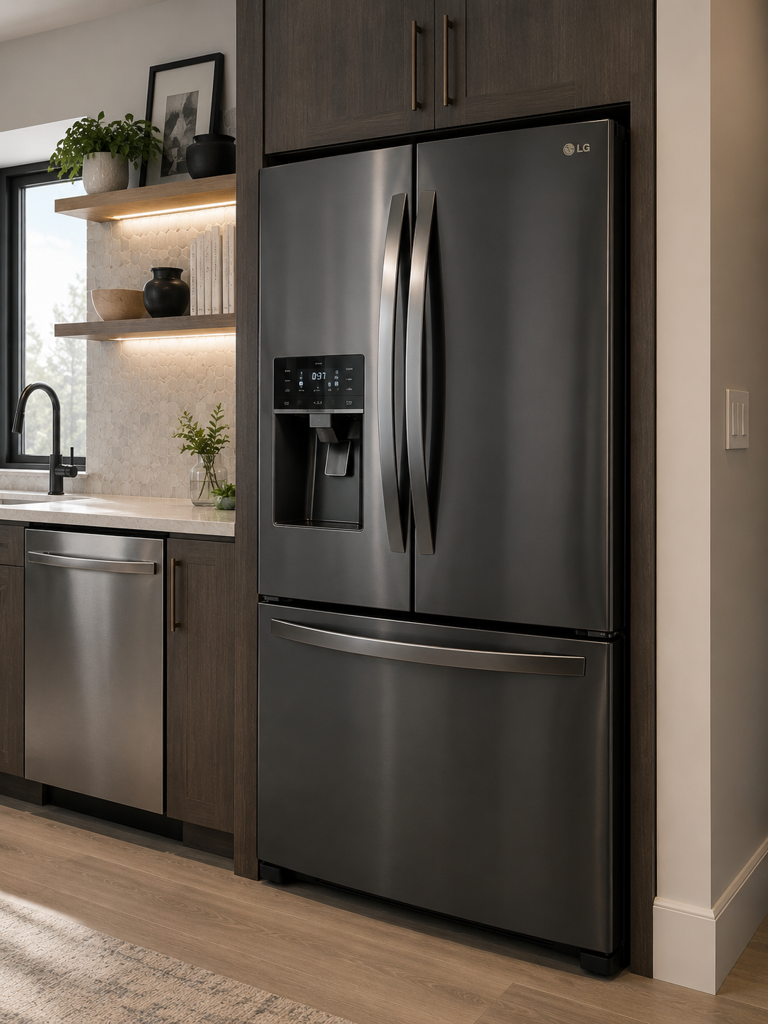 Stainless steel LG refrigerator in a modern kitchen with dark wood cabinets, a white countertop, open shelves with decor, and a window with a black frame.