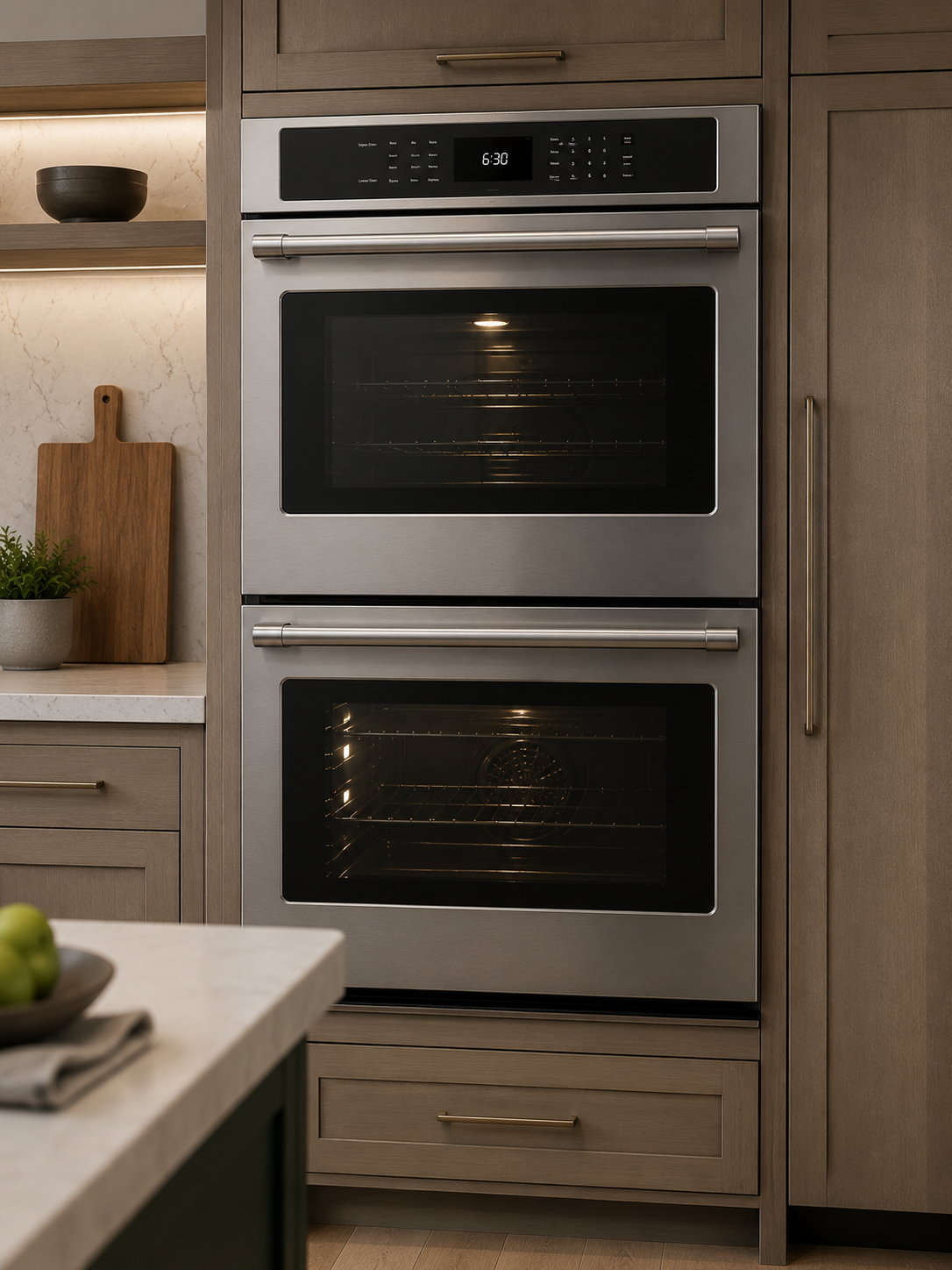 A modern kitchen with a double oven built into wooden cabinets, a marble backsplash, and a countertop with a potted plant and a wooden cutting board.