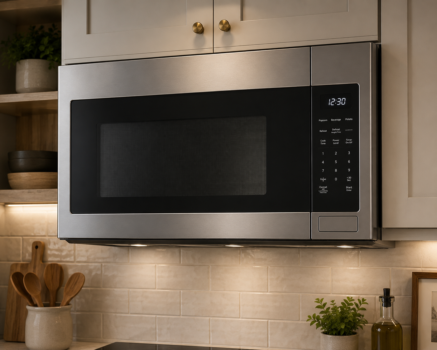 A stainless steel microwave oven installed above a kitchen counter with a light-colored backsplash. On the left, a ceramic container holds wooden cooking spoons. On the right, a small potted green plant and a glass oil dispenser are visible.