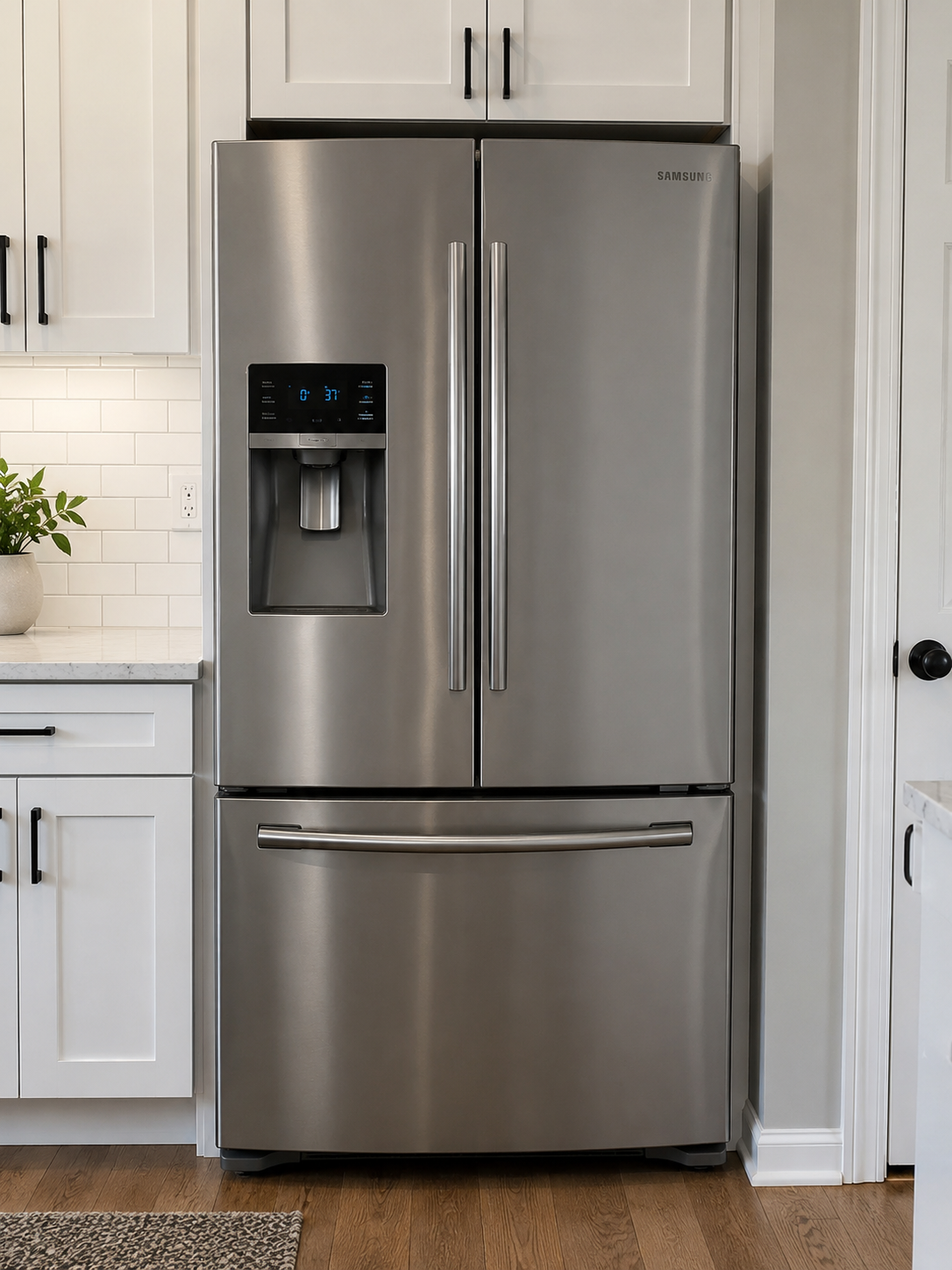 Stainless steel Samsung refrigerator with French doors and water dispenser, in a kitchen with white cabinets, a countertop with a potted plant, and a hardwood floor.