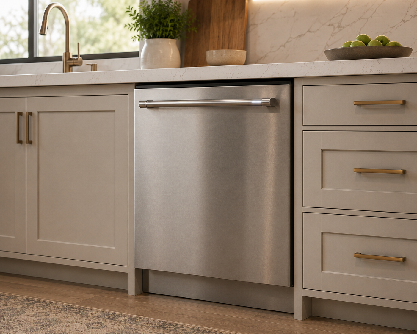 Kitchen countertop with a plant, bowl, and bowl of green apples, beige cabinets with gold handles, stainless steel dishwasher, and a window with natural light.