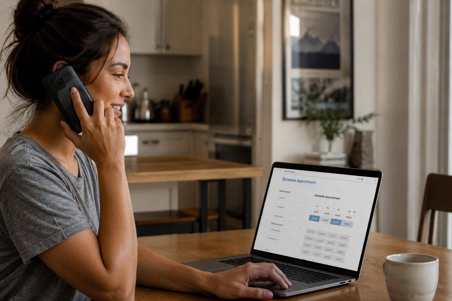 Woman talking on a phone while scheduling an appointment on a laptop in a cozy home kitchen.