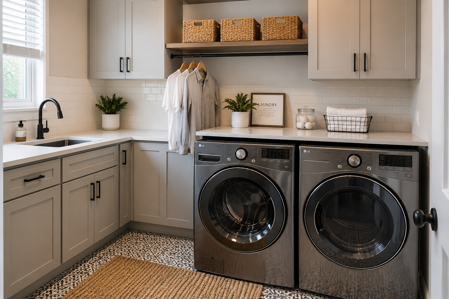 Laundry room with gray cabinets, a white countertop, a front-loading washer and dryer, potted plants, laundry accessories, and a window with blinds.