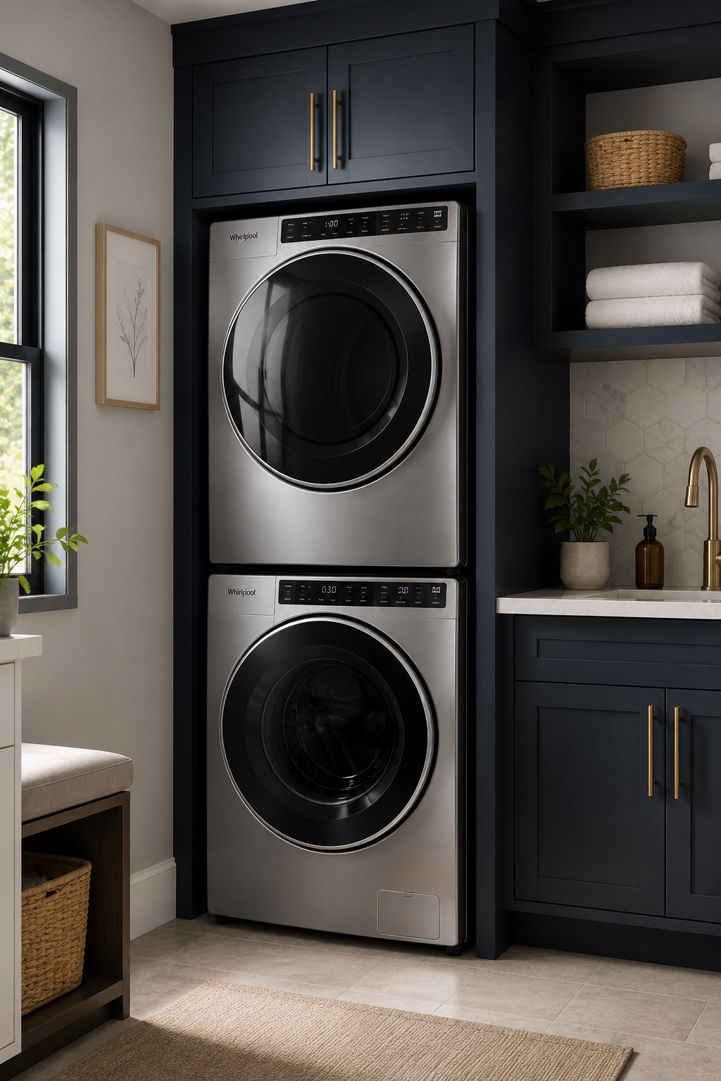 Stacked silver washing machine and dryer in a laundry room with dark blue cabinets, a small kitchen sink, potted plant, folded towels, and wicker basket.