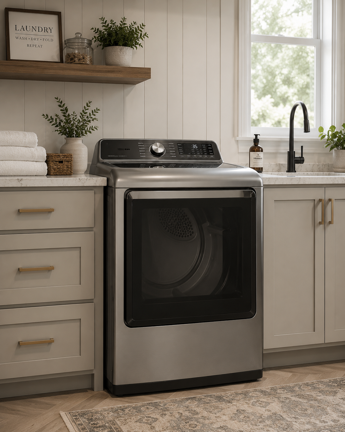 A modern laundry room with a stainless steel washing machine, white cabinets with gold handles, a marble countertop, a black faucet, and a window with natural light. There are green plants in pots, a framed laundry rule sign, neatly folded towels, a soap dispenser, and a wooden shelf with decorative items.