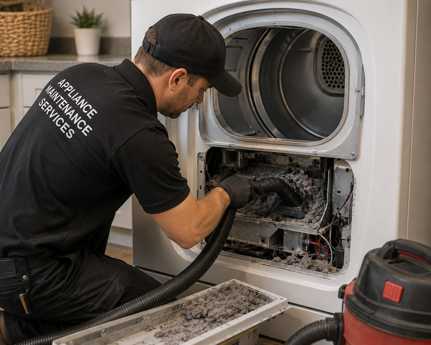 A technician wearing a black cap and gloves inspects the interior of a washing machine, which has been opened for maintenance, with lint and debris inside.