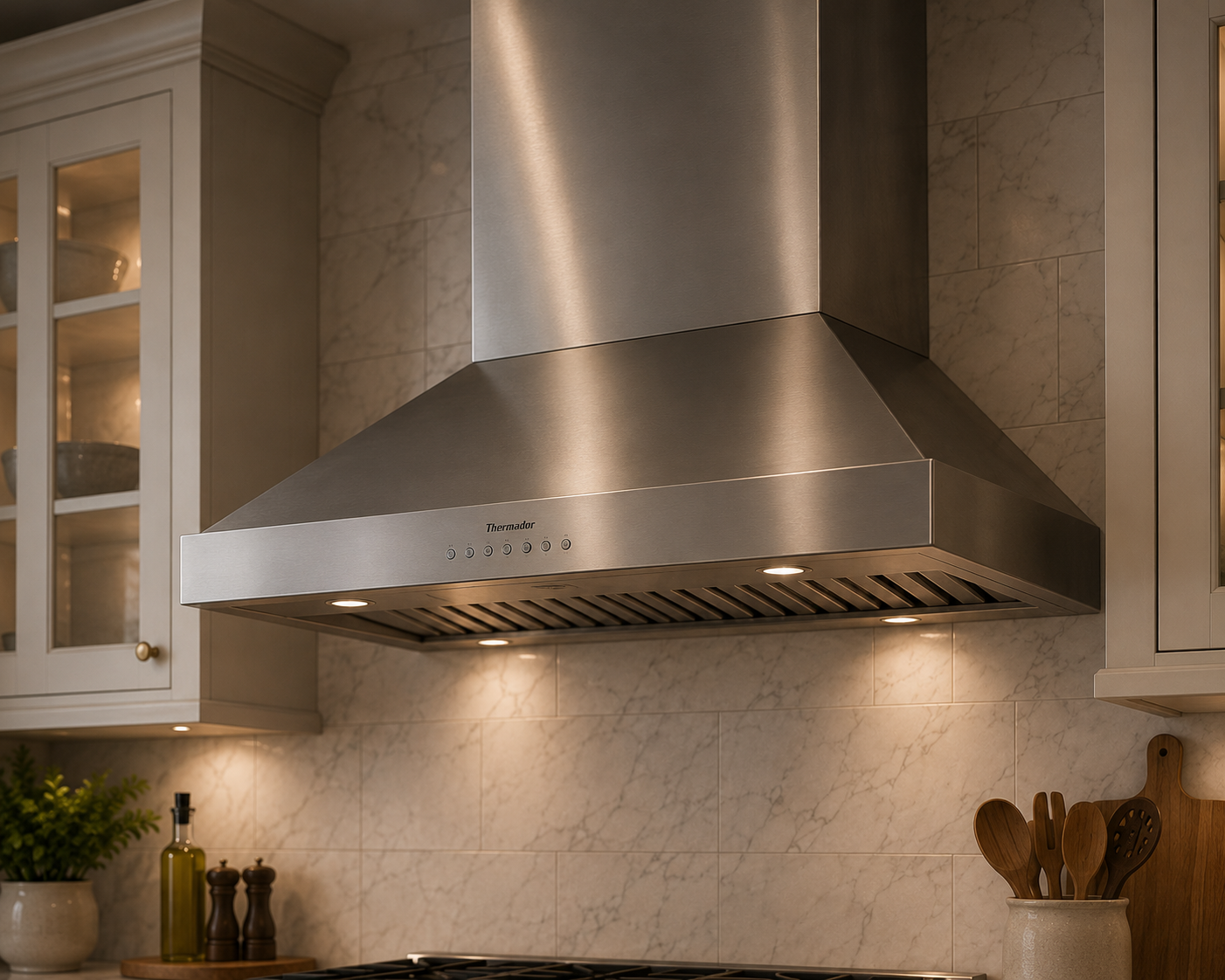 Stainless steel kitchen range hood mounted on a marble tiled wall in a modern kitchen.