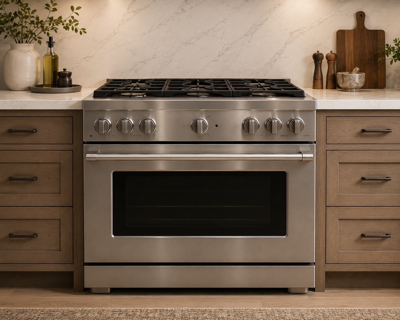 Stainless steel gas stove with oven in a kitchen with brown wooden cabinetry and white marble countertop.