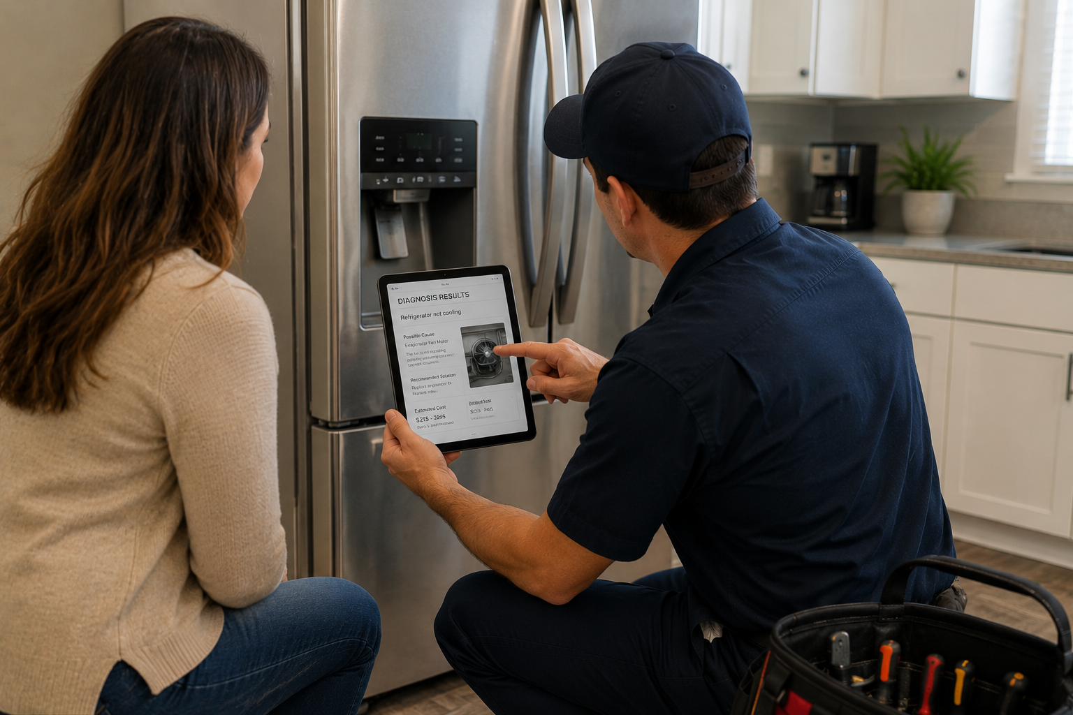 A technician showing a diagnosis report on a tablet to a woman in a kitchen while pointing at the tablet. The report indicates a refrigerator not cooling.