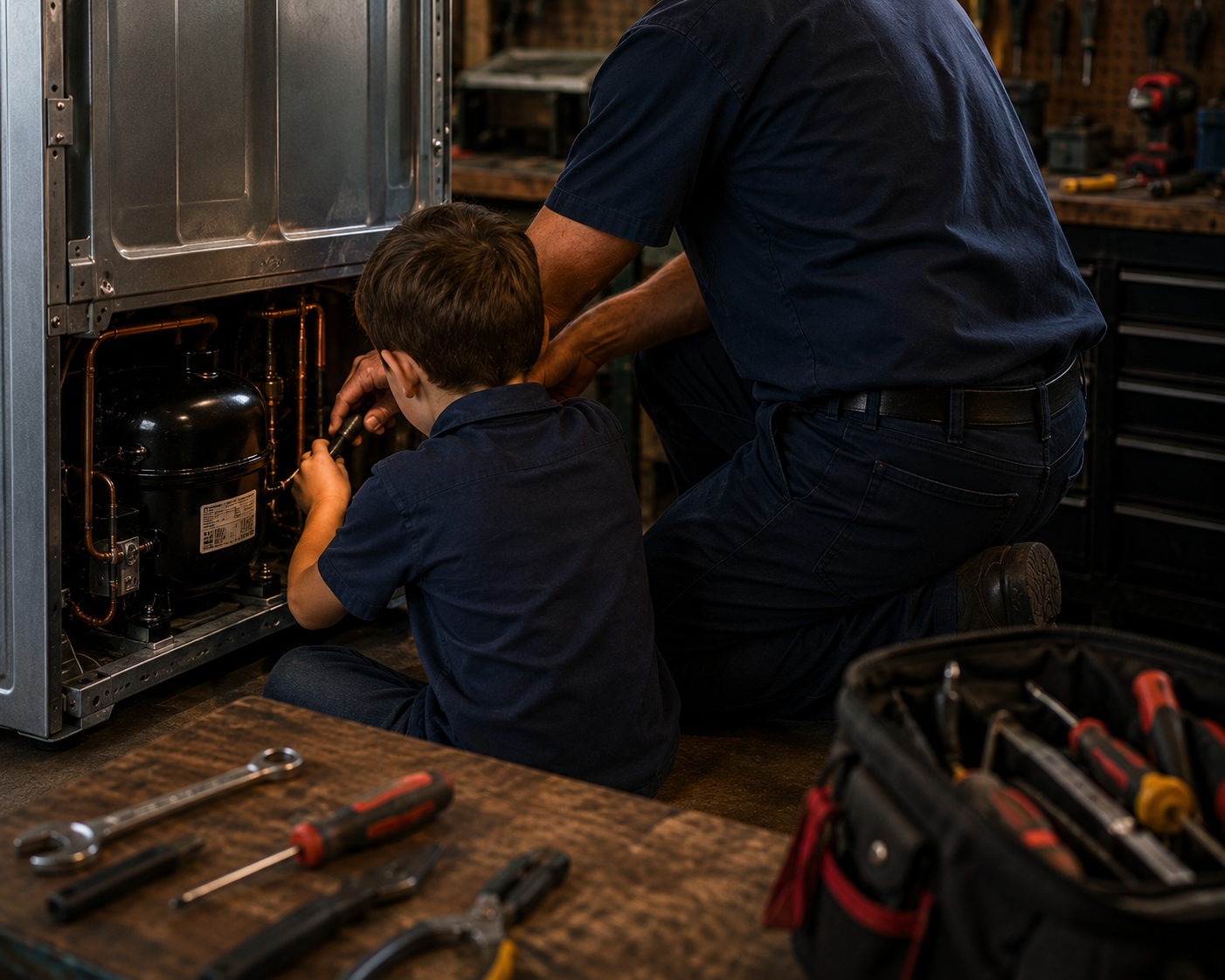 A man and a boy working on a refrigerator, with various tools on a workbench nearby.