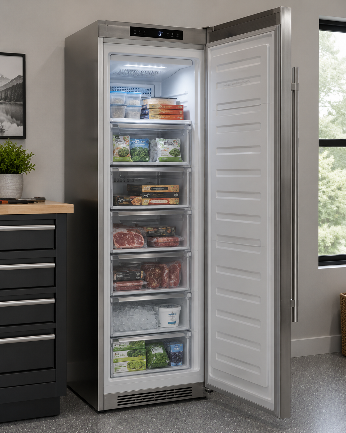 A stainless steel upright freezer with its door open, revealing various frozen foods, including meats, vegetables, and ice cubes, in clear storage drawers.