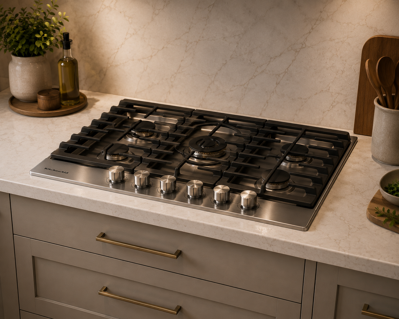 A modern kitchen countertop with a stainless steel gas stove, beige cabinets, and a marble backsplash. Decorative items include a potted plant, bottles of oil, a wooden container, and utensils in a cup.