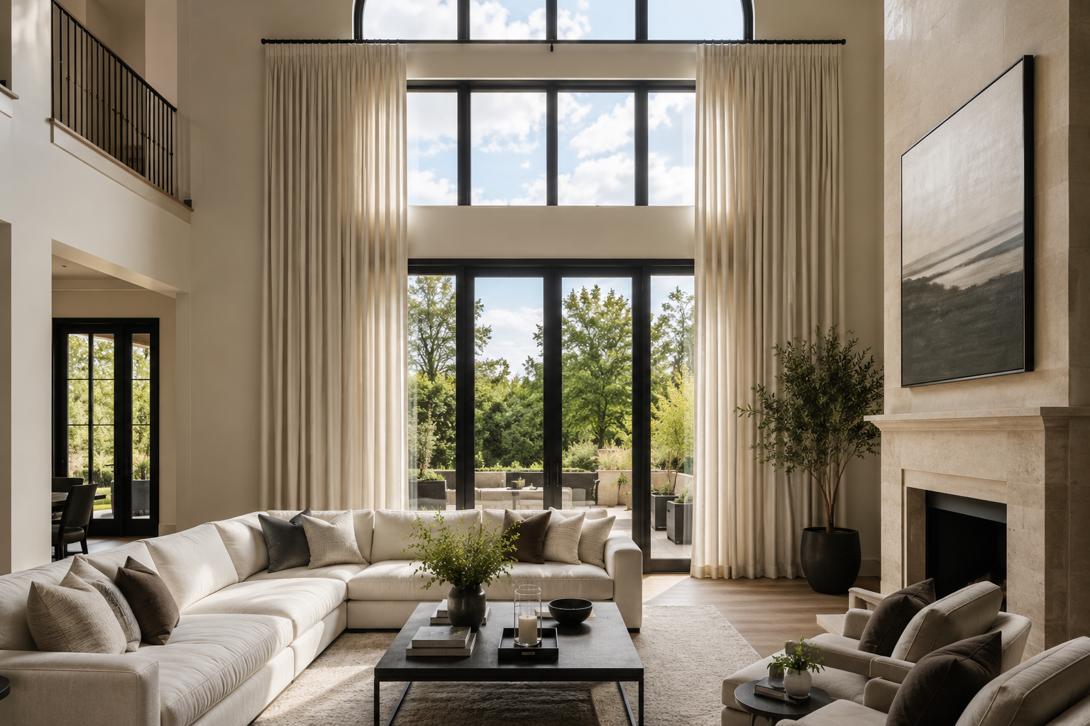 Living room with large floor-to-ceiling windows with black frames, beige curtains, white sofa with pillows, modern coffee table with decorations, potted plant, and artwork above a fireplace.