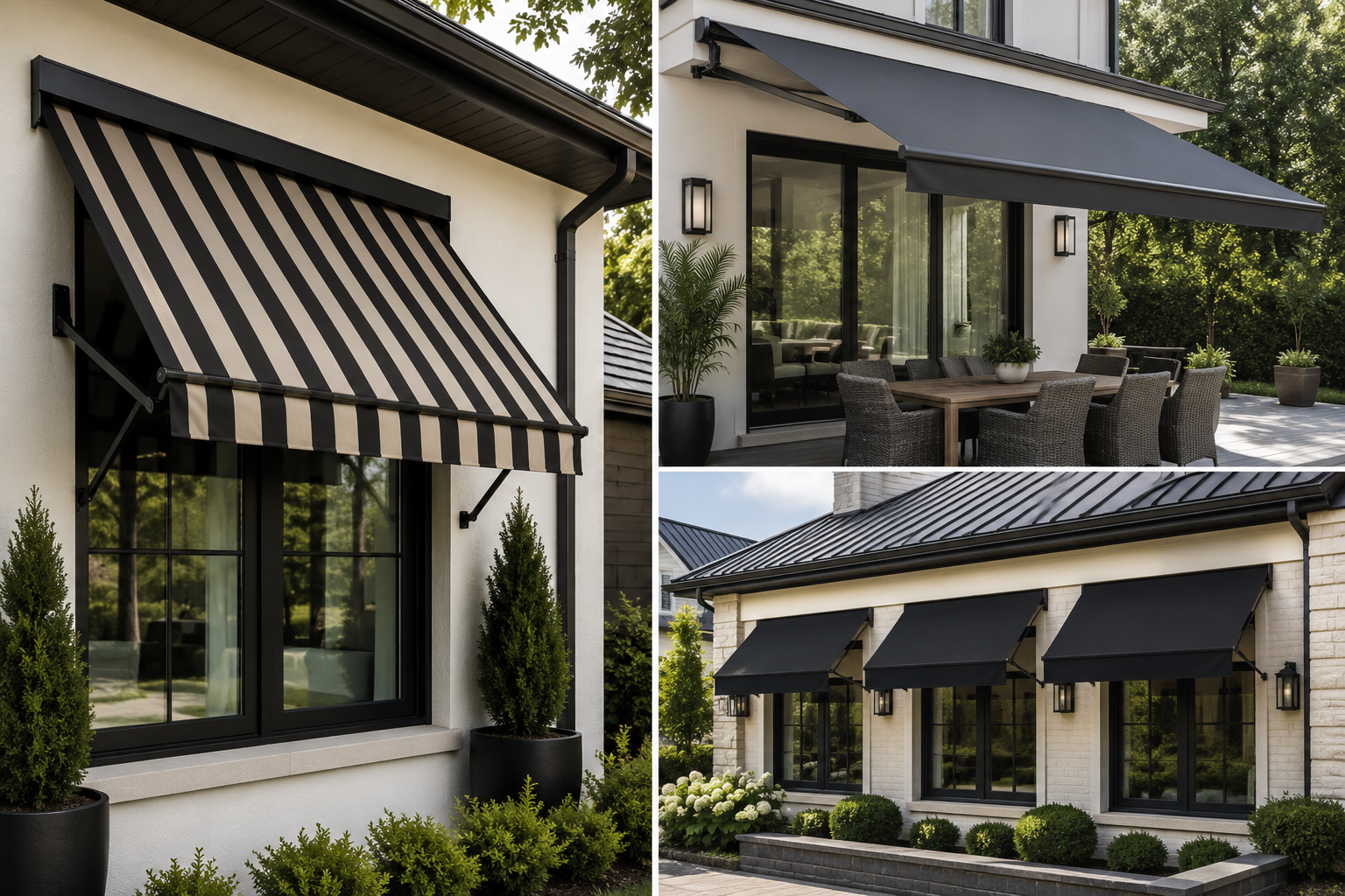 Collage of three images showing houses with black outdoor window and door awnings. The first image shows a window with a black and white striped retractable awning. The second image features a sliding door with a large flat black awning and an outdoor dining area with wicker chairs. The third image displays three large window awnings over white brick house windows with landscaping.