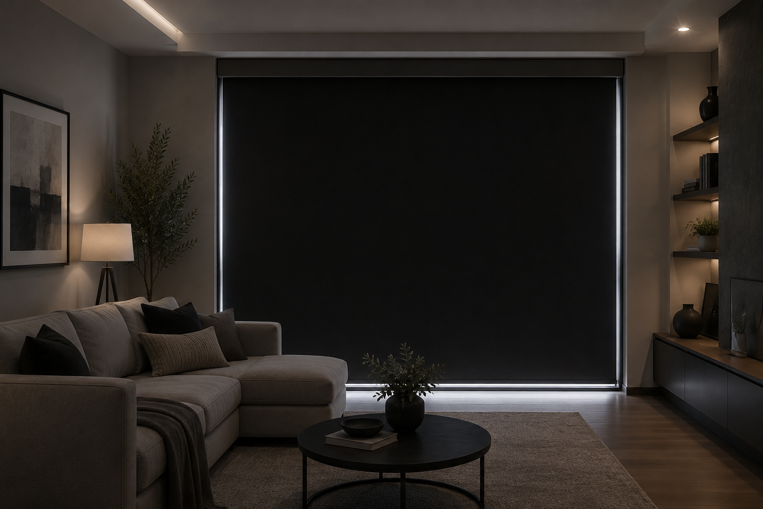 A modern living room with a beige sectional sofa, black and beige pillows, a round black coffee table with a vase and books, a floor lamp, a potted plant, abstract wall art, and a large window with a black roller shade, illuminated by subtle lighting.