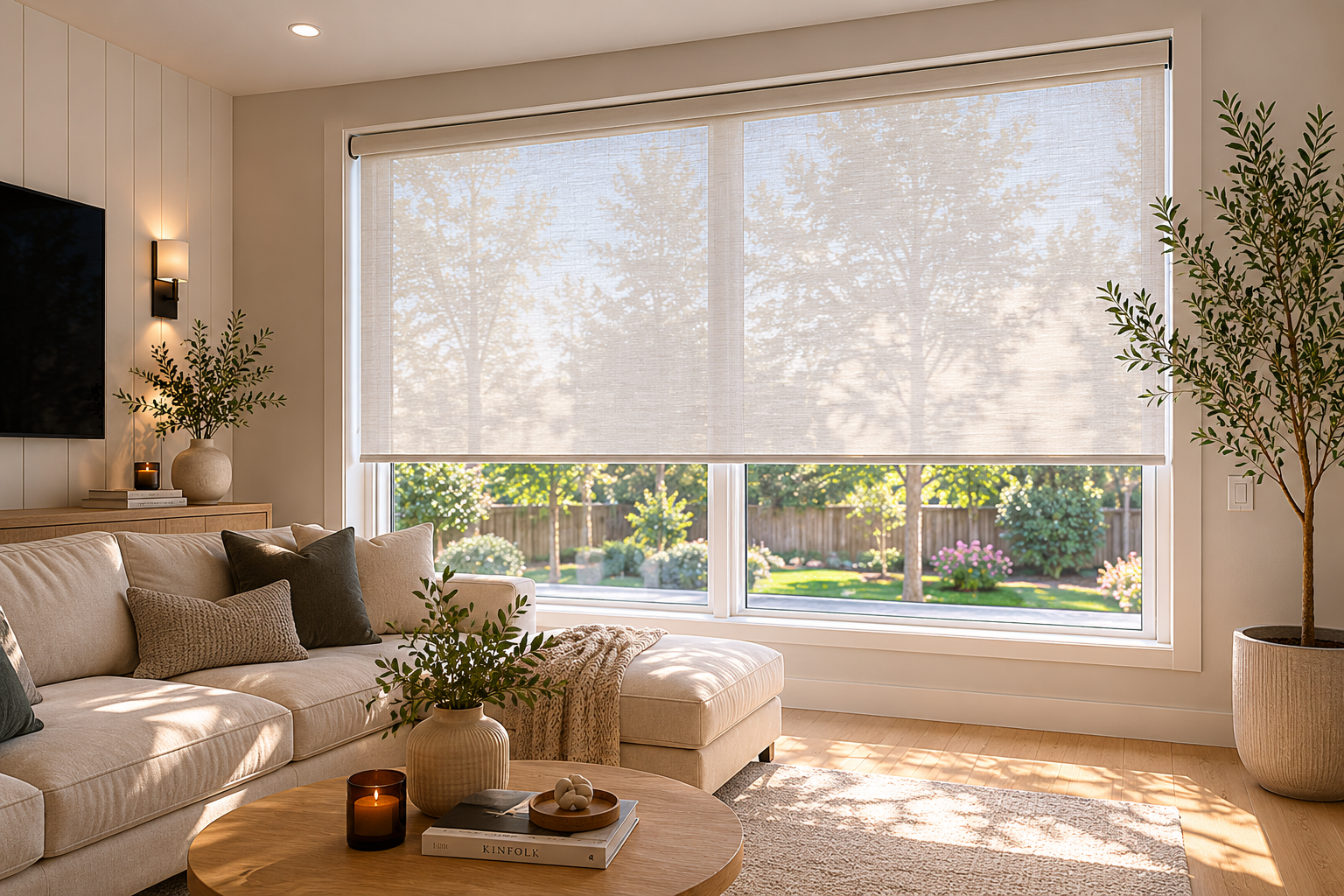 Living room with a large window covered by beige roller shades, beige sofa with dark and light pillows, wooden coffee table with a plant, books, and candle, a large plant in a beige pot, and view of a garden with trees and colorful flowers outside.
