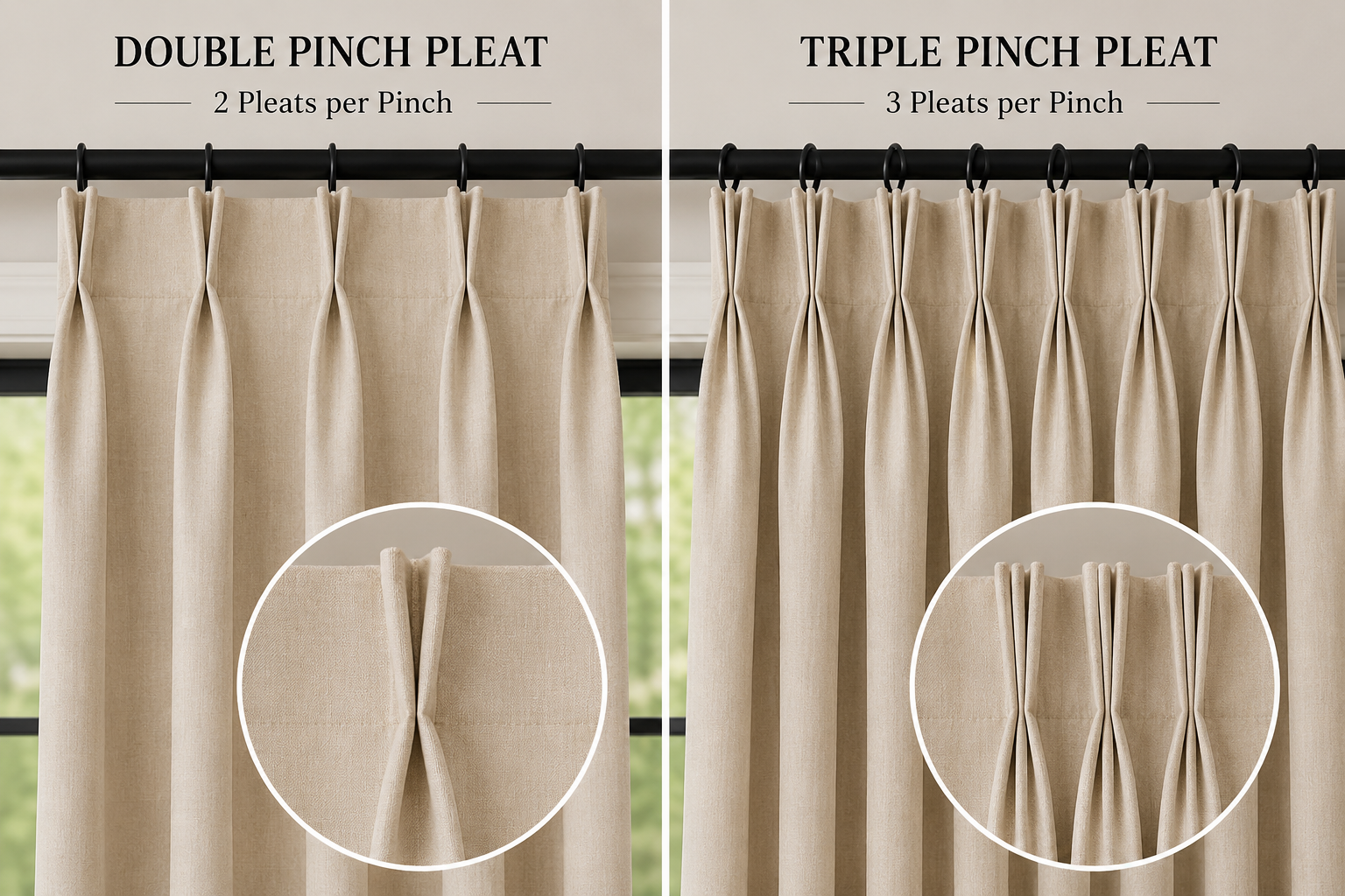 Double pinch pleat vs triple pinch pleat drapery comparison.