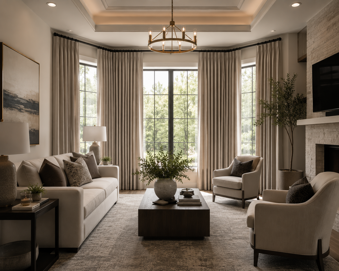 Living room with large windows, cream-colored sofa and armchairs, coffee table with plant, side table with lamps, potted plant, chandelier, and a mounted TV above a white brick fireplace.