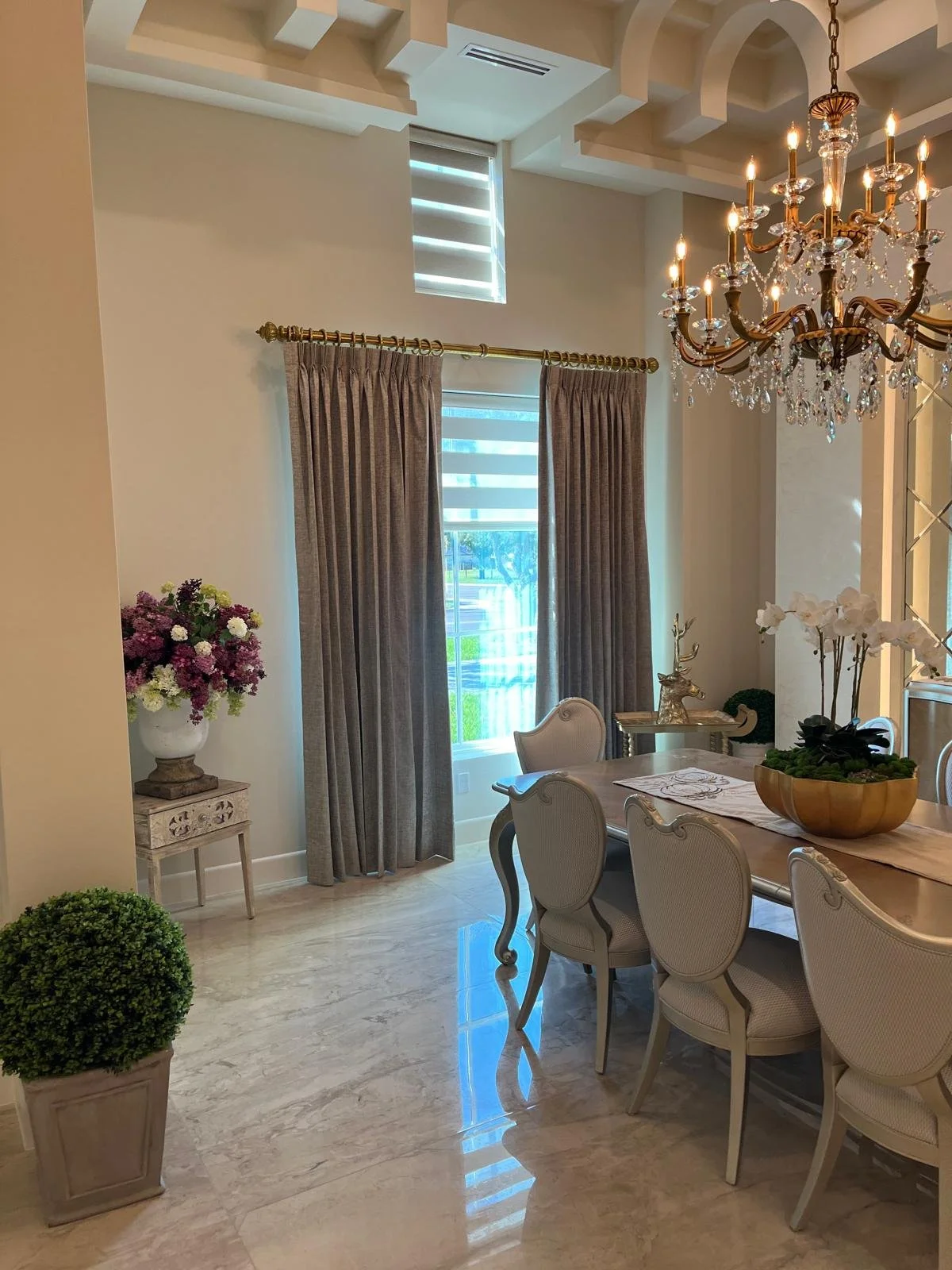 Custom draperies and window zebra shades in and Austin, TX dining room