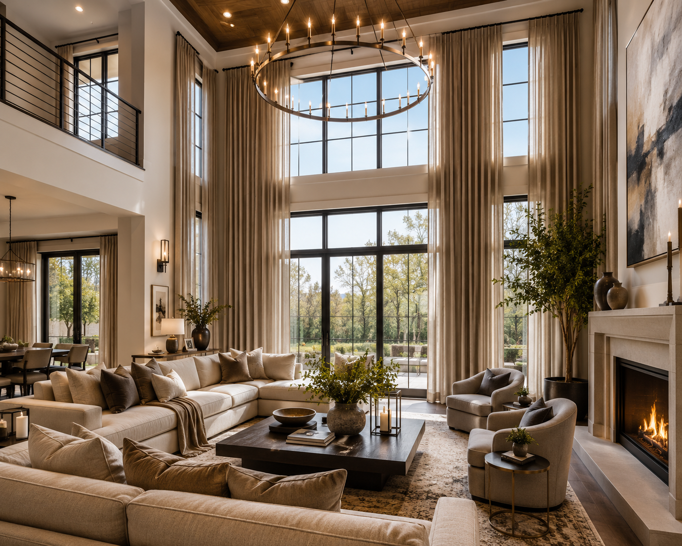 Spacious living room with high ceilings, large windows, beige sectional sofa, armchairs, a fireplace, and elegant decor including plants and candles.
