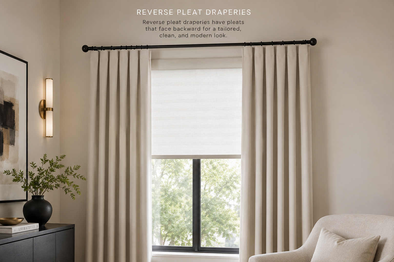 Custom reverse pleat draperies with roller shades in Austin, TX.