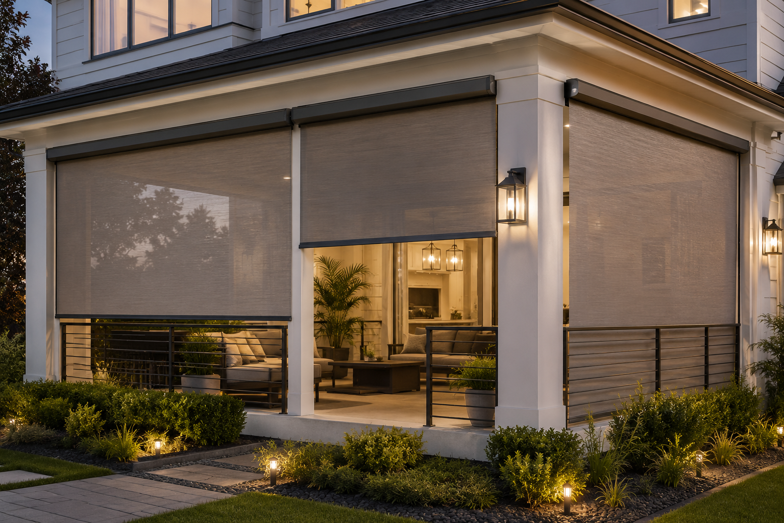 A covered porch area of a modern house with outdoor seating, potted plants, wall-mounted lantern-style lights, and landscape lighting in front of the porch.