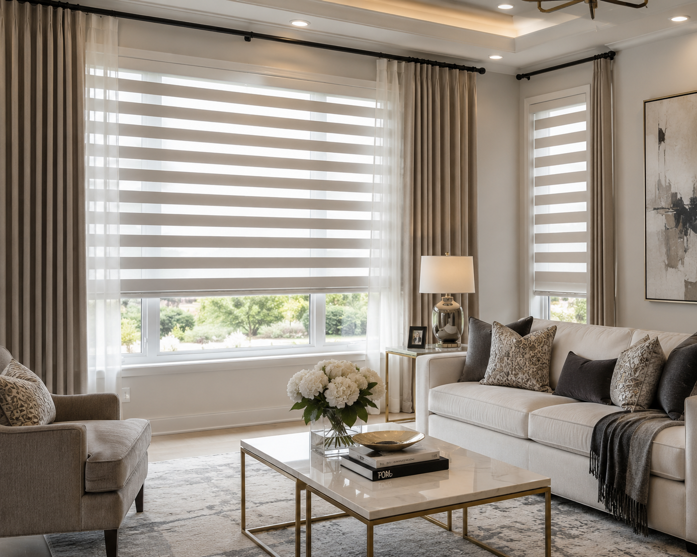 Bright living room with large windows covered by zebra blinds, beige curtains, and a neutral color scheme. There is a white sofa with decorative pillows, a beige armchair, a marble coffee table with a vase of white flowers, a table lamp, and a large abstract painting on the wall.
