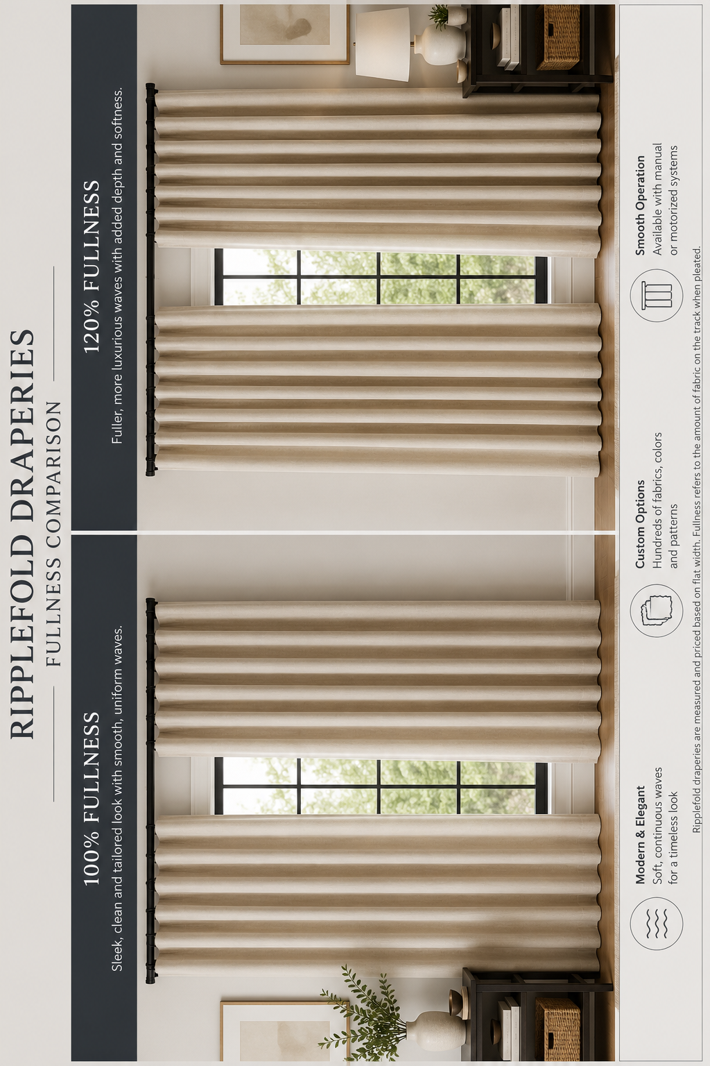 Custom beige pleated draperies installed or large windows.