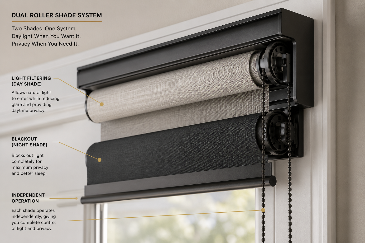 Dual roller shades with light filtering and blackout fabrics.