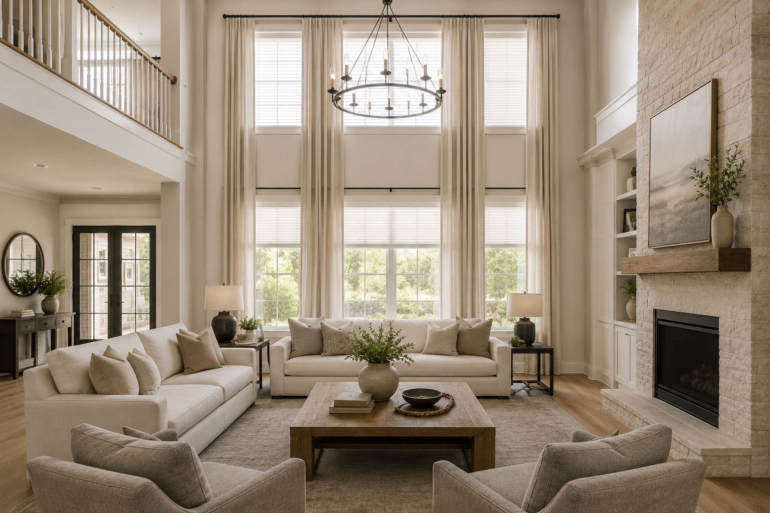 Bright living room with large windows, beige curtains, and a high ceiling with chandelier. Features a white sofa, grey armchairs, wooden coffee table, and fireplace with a mantel and decorative vases.