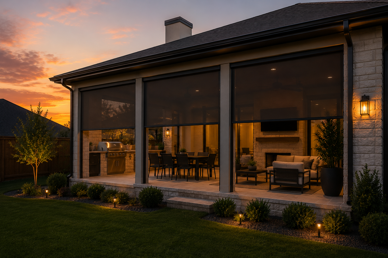Outdoor patio roller shades for sin and heat protection in Austin Texas.