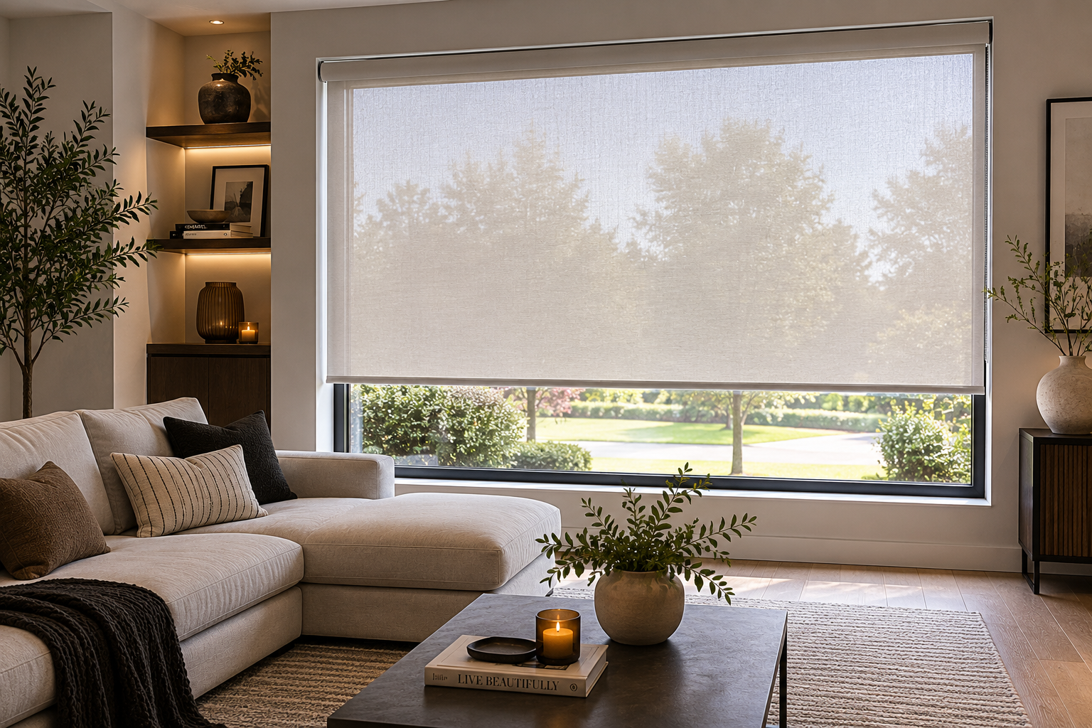Living room with large window covered by beige roller blind, beige sectional sofa with pillows, coffee table with plant, lit candle, and books, decorative shelves with plants and artwork, and hardwood floors.