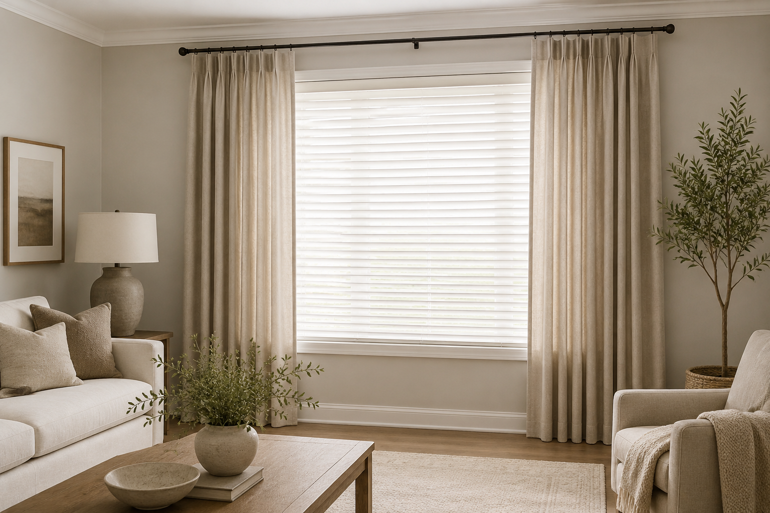 Living room with cream-colored sofa and armchair, beige curtains, a potted plant, and a table with a vase and a bowl, bright natural light from large window with blinds