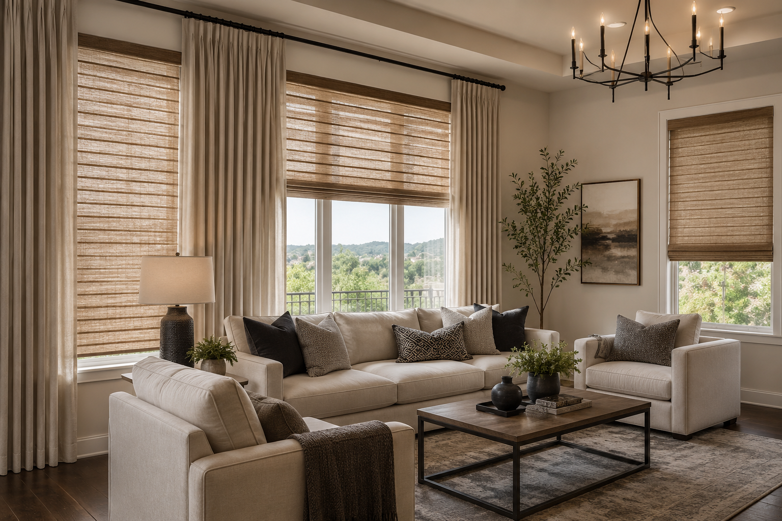 Living room with large windows covered by beige shades and curtains, a white sofa with multiple black and gray pillows, a matching armchair with a brown blanket, a wooden coffee table with decorative vases and books, a side table with a lamp, a large