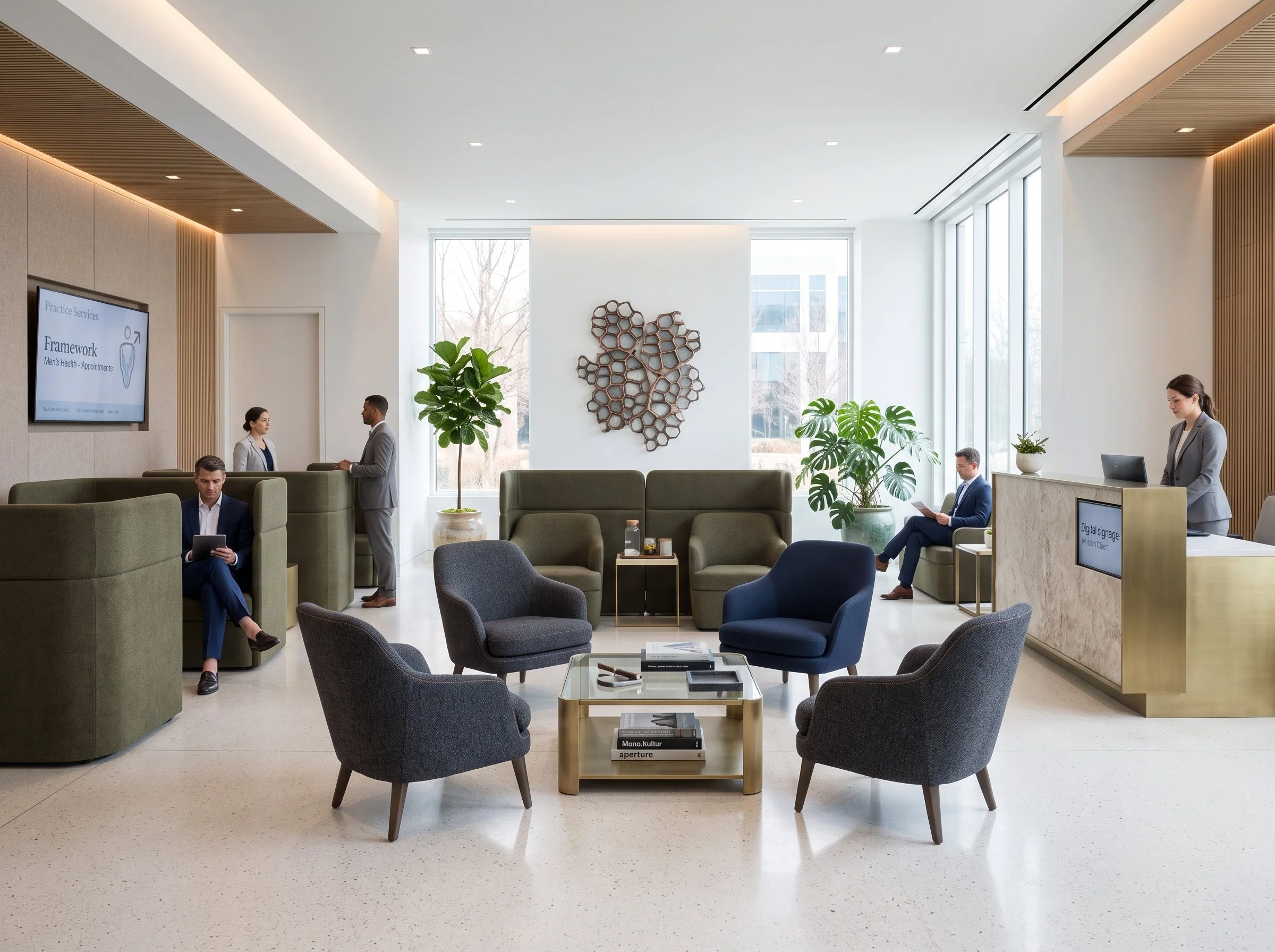 Modern office waiting area with green and blue armchairs, tables, indoor plants, and people waiting or working, with large windows and decorative wall art.