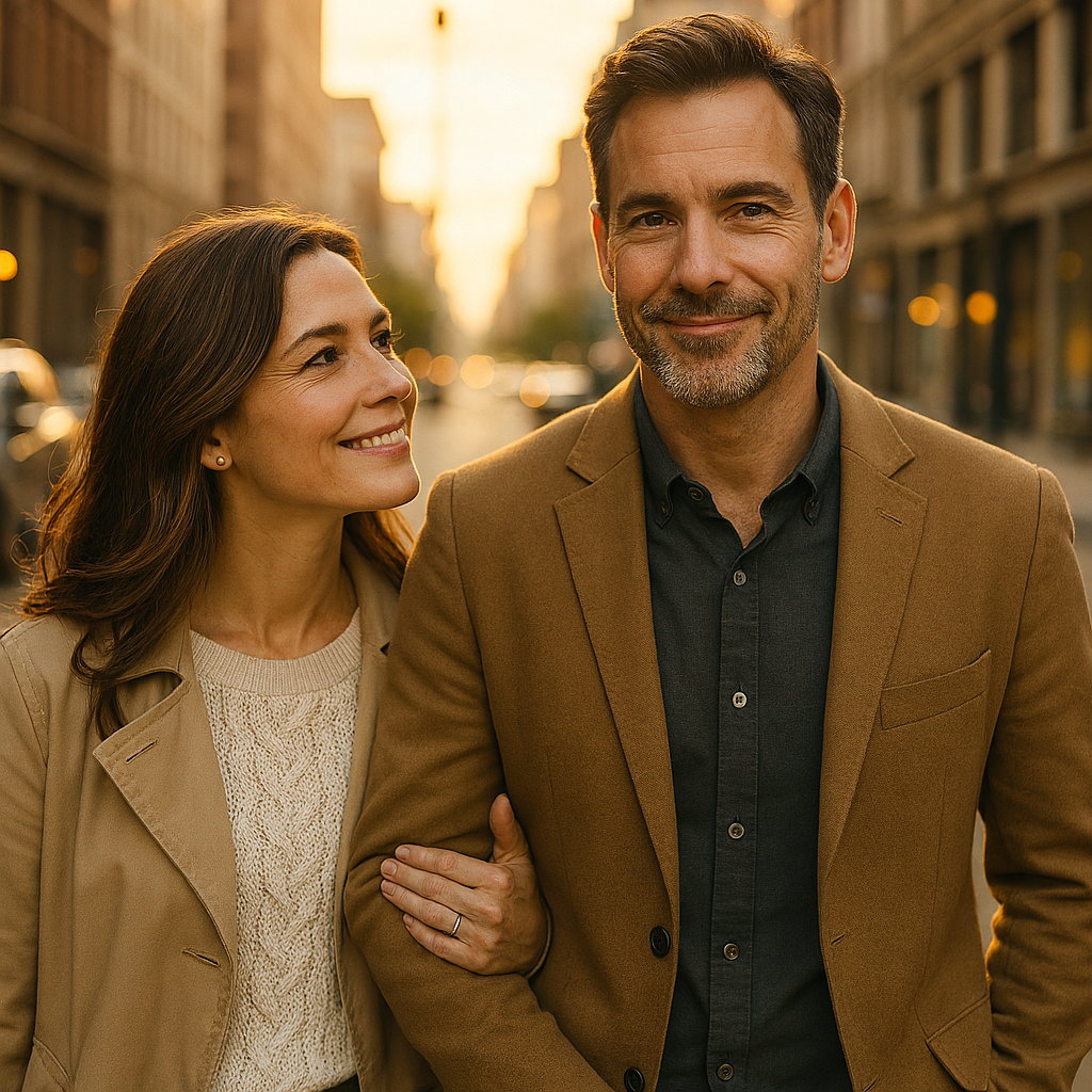 A middle-aged man and woman walking arm-in-arm on a city street at sunset, smiling.