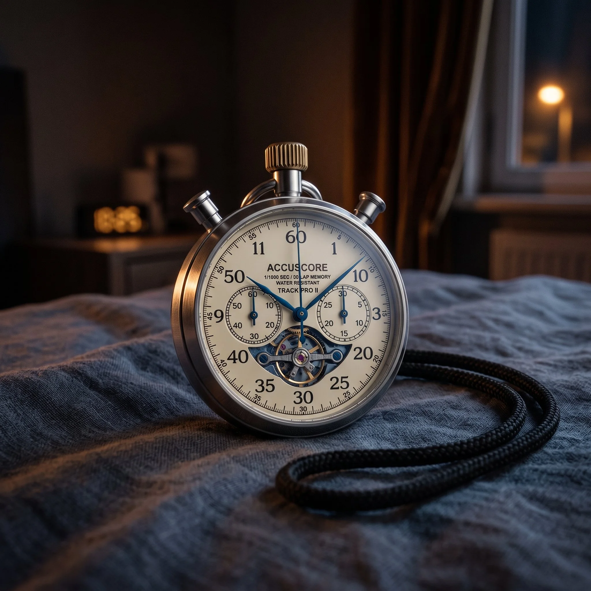 Close-up of a stopwatch with a silver exterior, white face, black and blue markings, displaying a time of approximately 9.55 seconds, placed on a dark fabric surface near a window with curtains, in a dimly lit room.