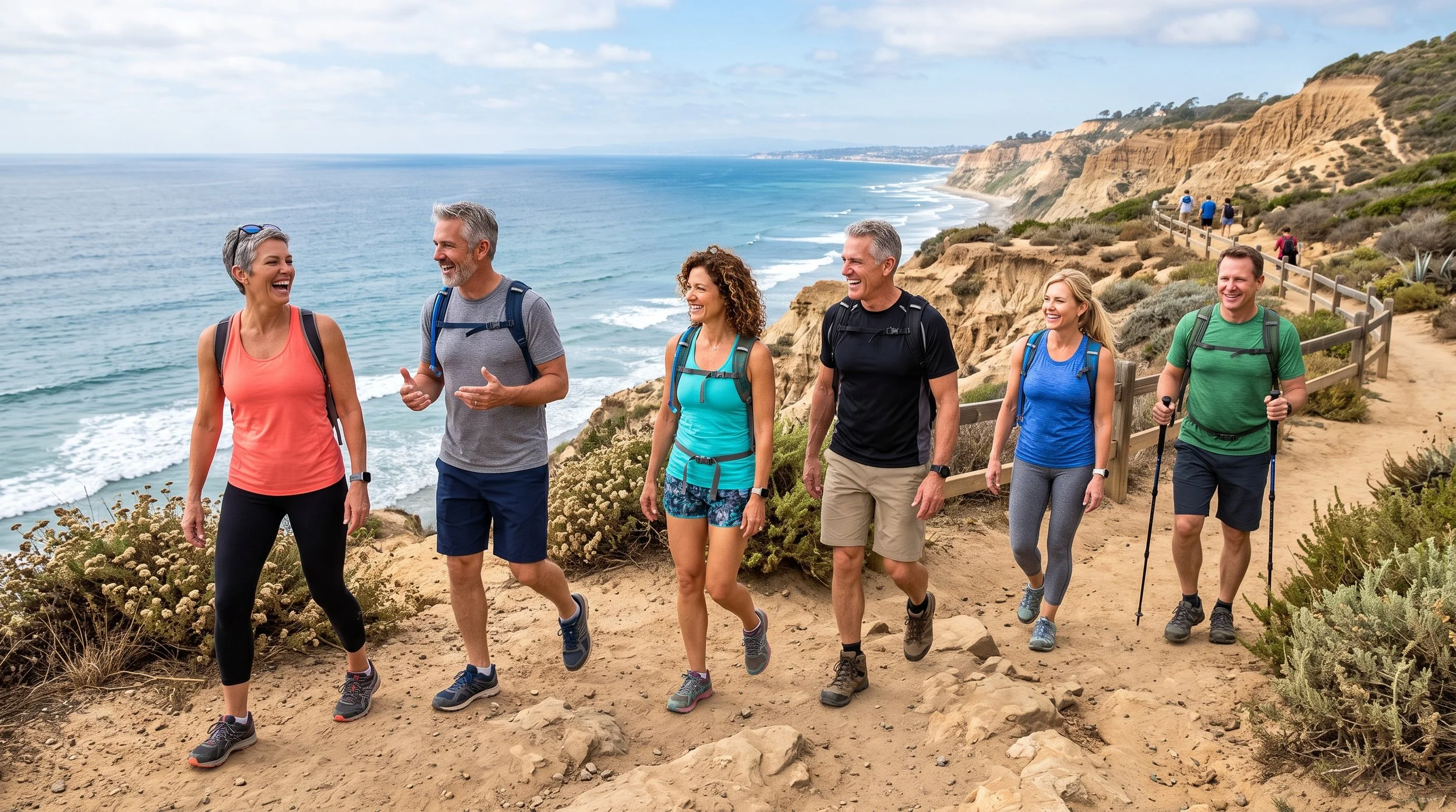 Group of six people hiking along a coastal trail, smiling and talking, with cliffs and the ocean in the background.