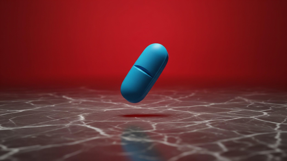 A large blue capsule pill floating above a cracked, reflective surface with a red gradient background.