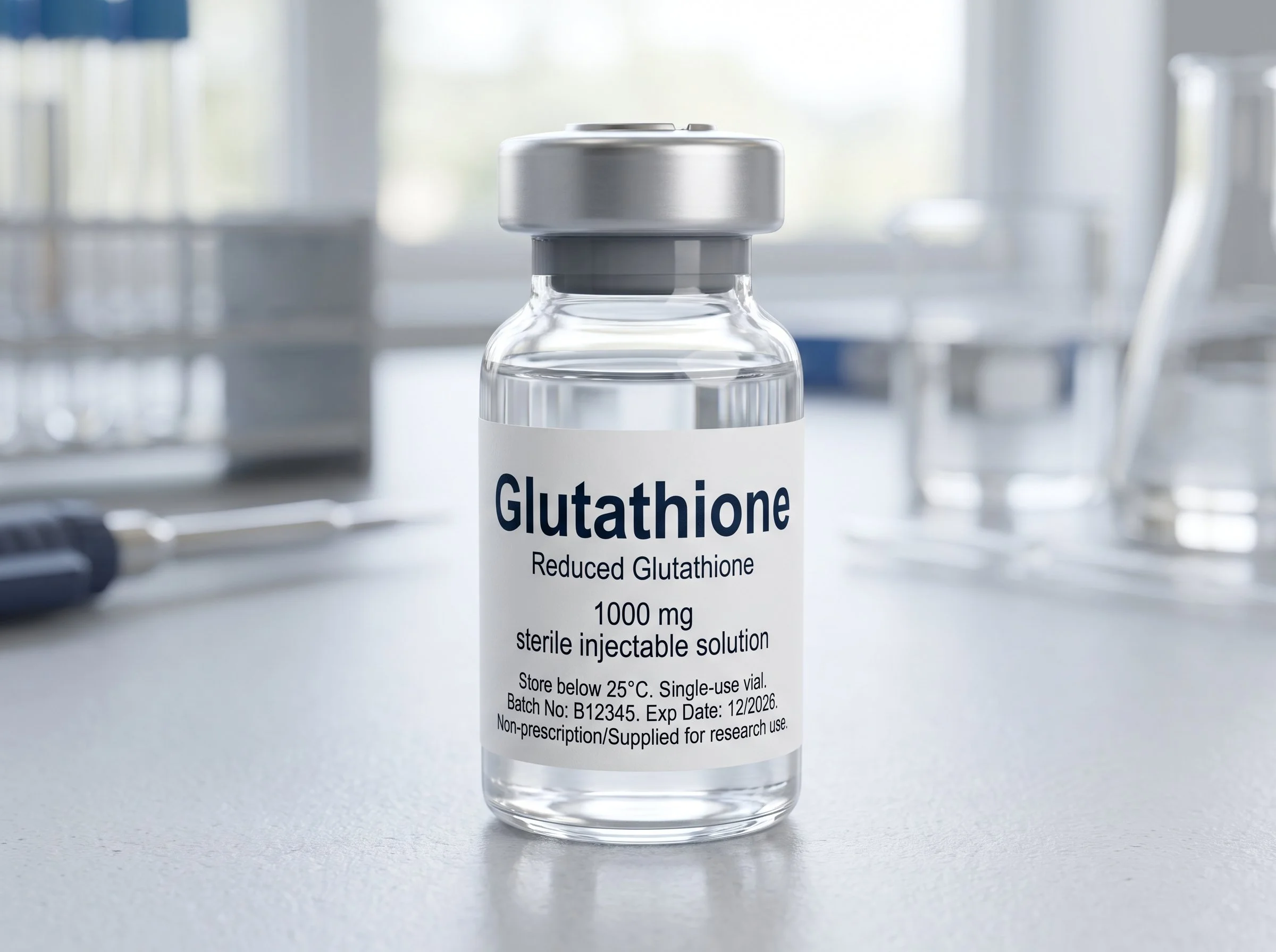 A small clear glass vial labeled 'Glutathione Reduced Glutathione 1000 mg sterile injectable solution' placed on a white surface with a blurred background of a laboratory setting.