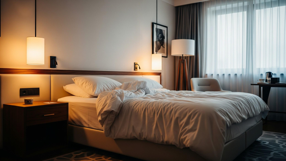 A neatly made hotel room with a large bed, bedside table, reading lights, window with curtains, a chair, and a floor lamp.