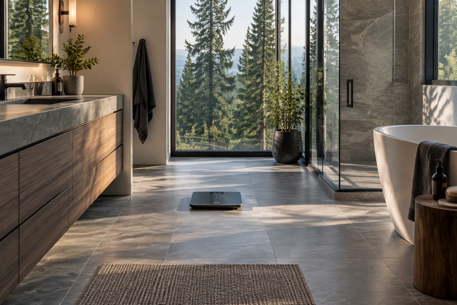 Modern bathroom featuring a large window with a view of trees, a wooden vanity with a gray countertop, a black scale on the floor, a freestanding bathtub with a dark towel, a potted plant, a glass-enclosed shower, and a gray floor with a textured rug.