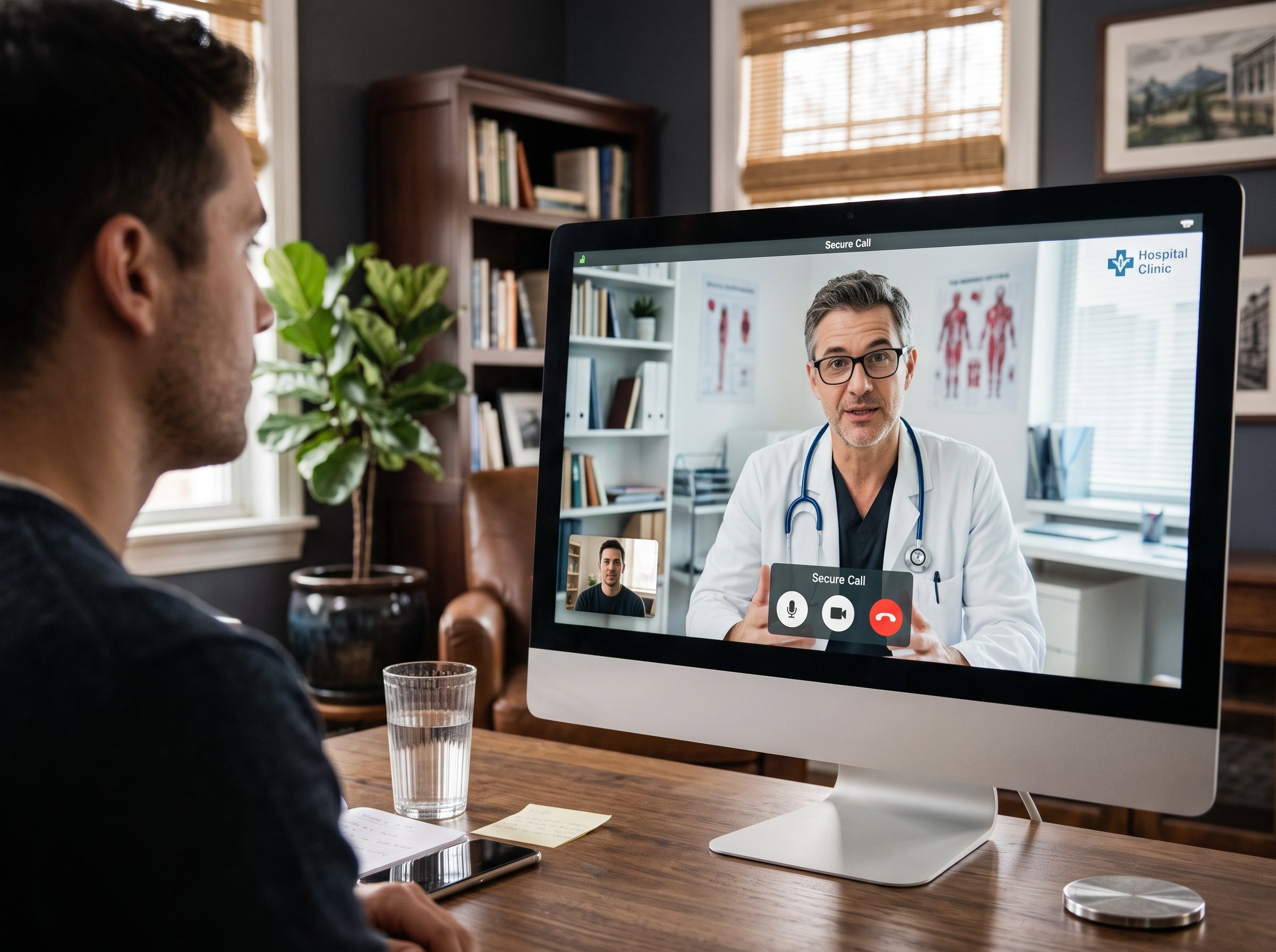 Person talking to a doctor via video call on a computer, with a glass of water, notebook, and phone on the desk.