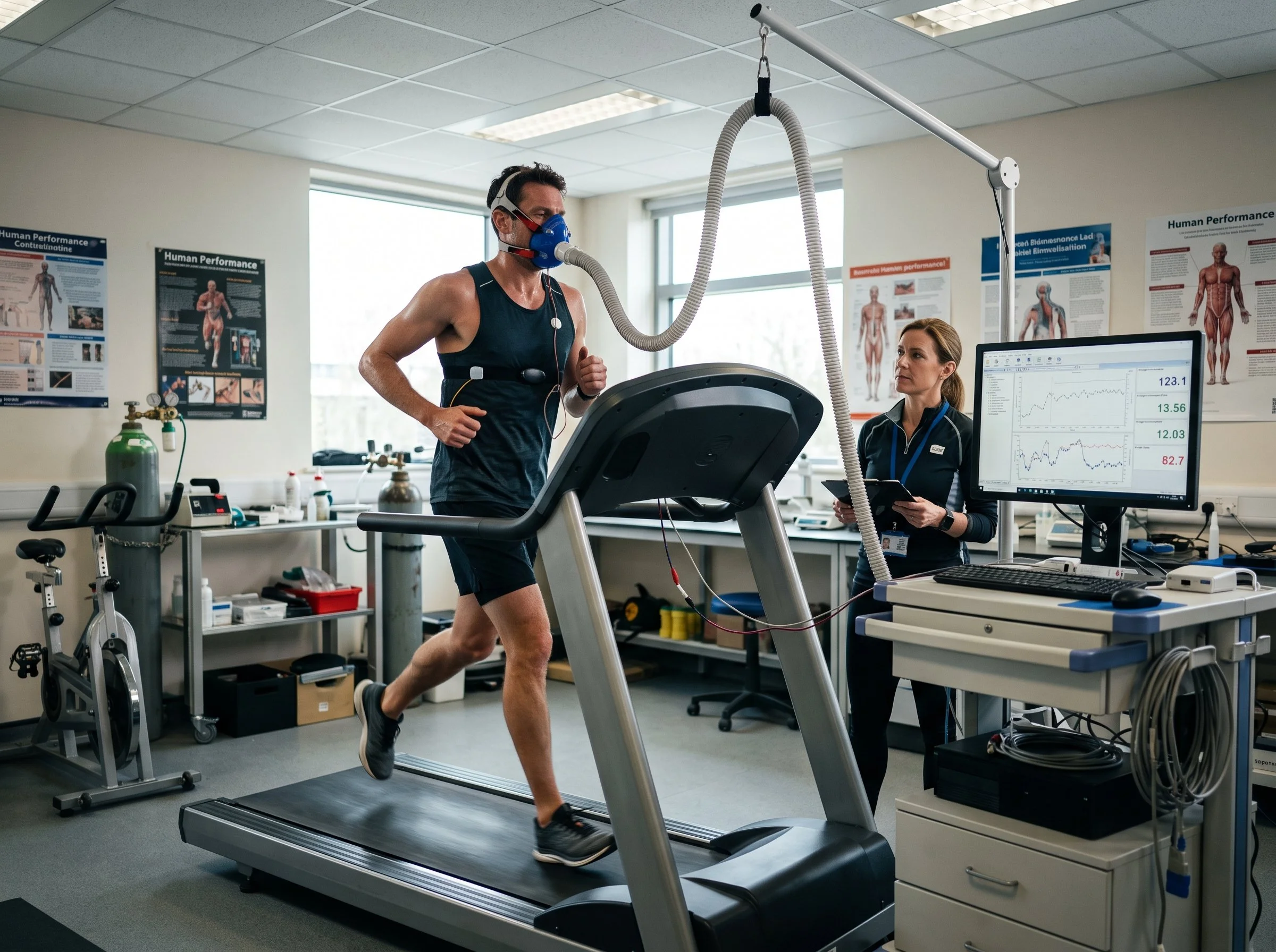 A man running on a treadmill in a medical or research laboratory wearing a breathing mask connected to monitoring equipment, with a woman observing and taking notes.