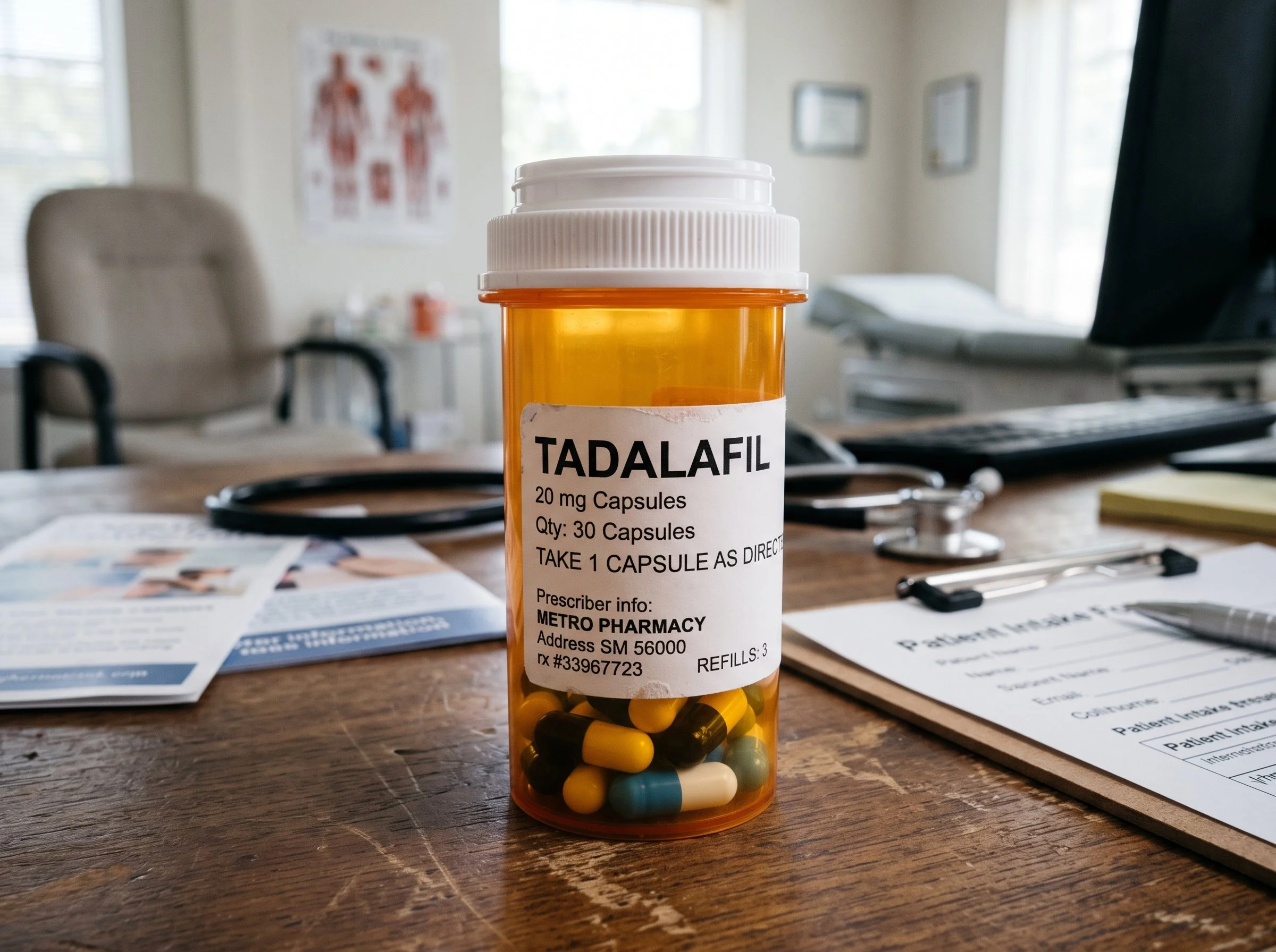 A prescription medicine bottle labeled Tadalafil, 20 mg capsules, on a wooden desk with medical papers, a stethoscope, and a computer in the background.