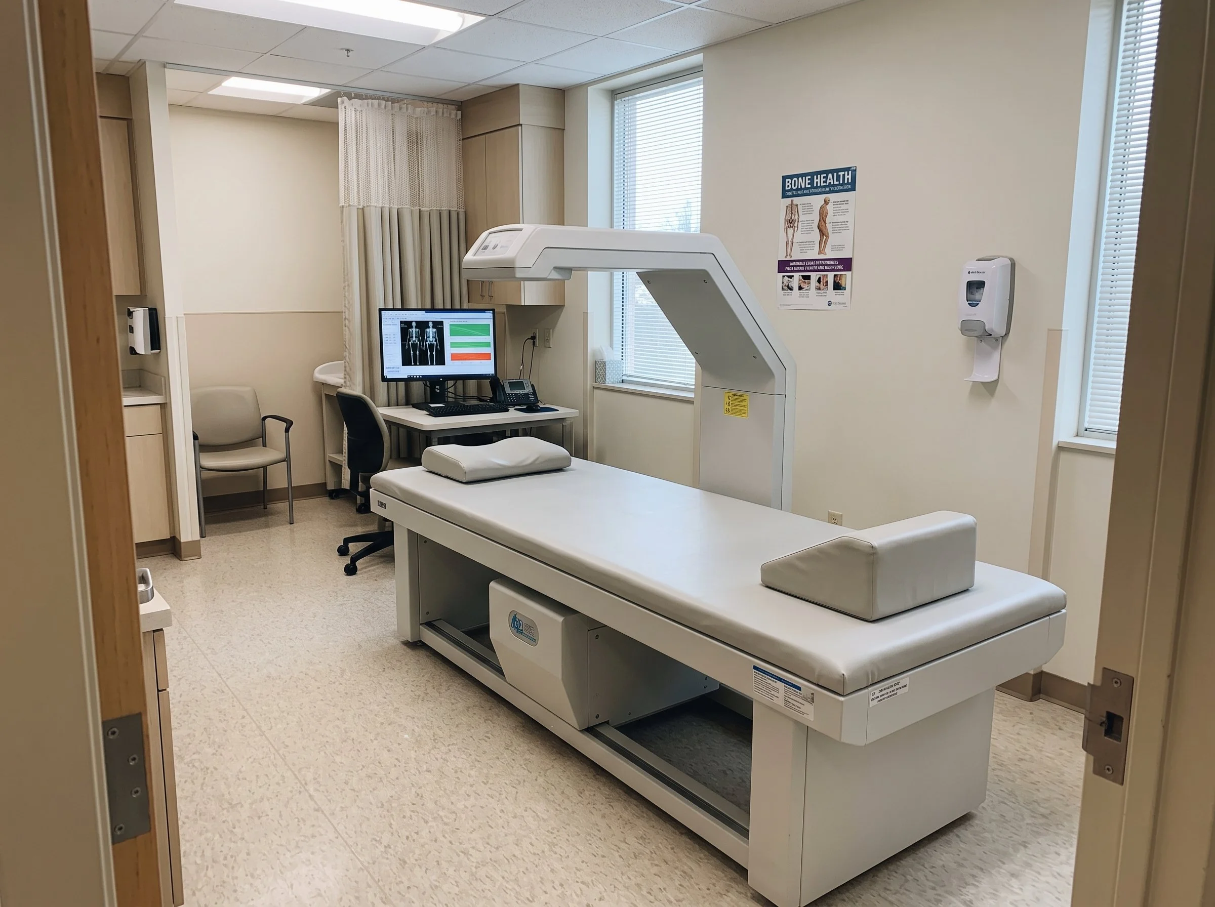 Medical room with a bone density scanning machine, computer monitor displaying skeletal images and data, chairs, and medical posters on the wall.