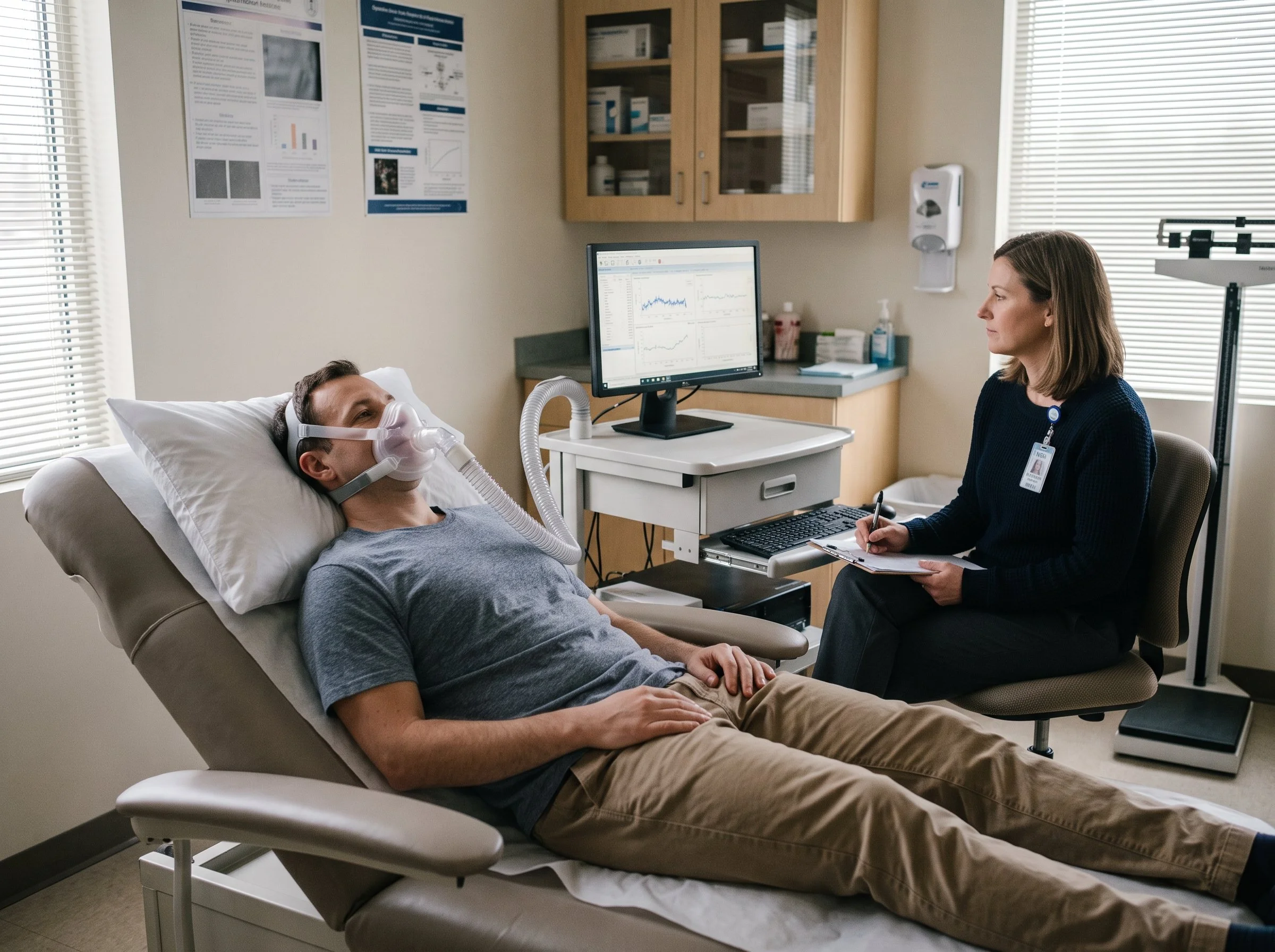 A man lying in a hospital bed with an oxygen mask, talking to a female healthcare professional who is sitting beside him with a notepad. There are monitors displaying medical data and a cabinet with supplies in the background.