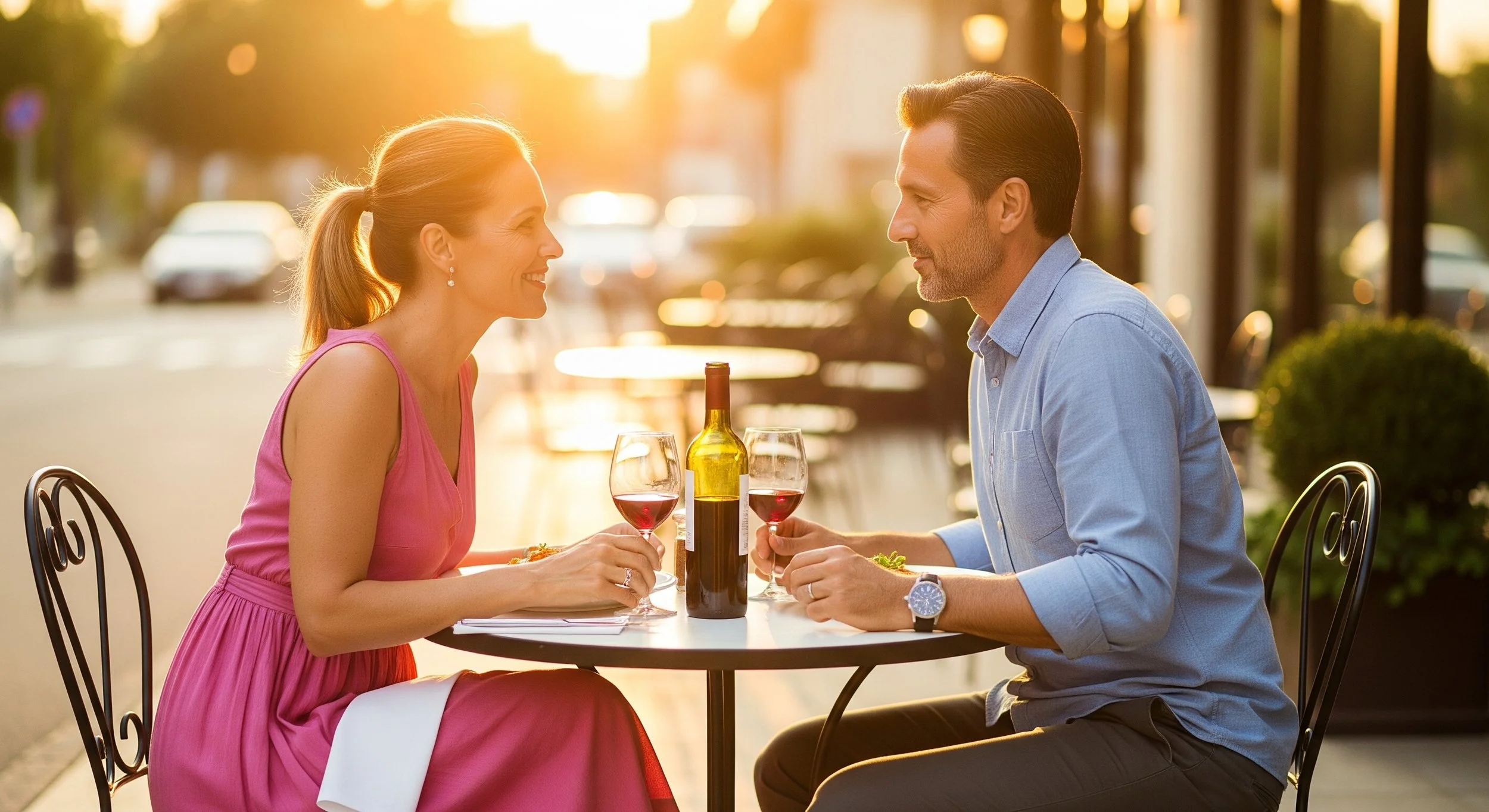 A couple enjoying a romantic dinner outdoors at sunset, sitting at a table with wine glasses and a bottle of wine, smiling at each other.